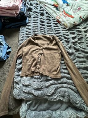Cropped Brown V-Neck Button-Front Women's Sweater